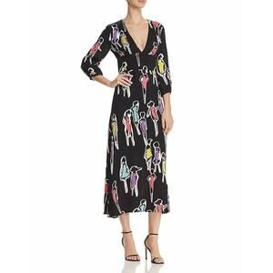 $725 Boutique Moschino Black Multi Print Crepe Midi Vneck Dress 38 US 4 NWT